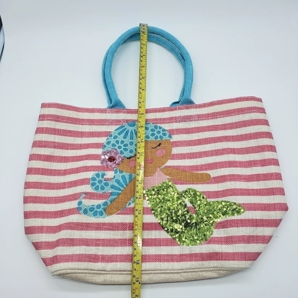 MUD Pie unisex mermaid tote bag pink stripe sequin woven fiber aqua handles